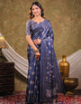 Navy Blue Pure Chinnon Ajrakh Printed Saree with Tassel Edges, Traditional Ethnic Print & Matching Blouse Piece