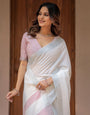Pure White & Red Handloom Mul Cotton Saree with Minimal Striped Border & Tassel Detailing