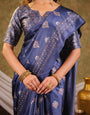 Navy Blue Pure Chinnon Ajrakh Printed Saree with Tassel Edges, Traditional Ethnic Print & Matching Blouse Piece