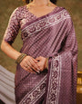 Dusty Mauve Pure Chinnon Ajrakh Printed Saree with Tassel Edges, Traditional Ethnic Print & Matching Blouse Piece