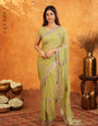 Pista Green Fendy Satin Embroidered Saree with Floral Border & Tassels | Elegant Pastel Designer Saree with Heavy Embroidered Blouse