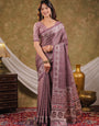 Dusty Mauve Pure Chinnon Ajrakh Printed Saree with Tassel Edges, Traditional Ethnic Print & Matching Blouse Piece