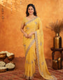 Sunshine Yellow Fendy Satin Embroidered Saree with Floral Border & Tassels | Elegant Festive Designer Saree with Heavy Embroidered Blouse