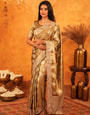 Antique Gold Banarasi Silk Saree with Floral Zari Butti & Scalloped Embroidered Border | Elegant Wedding & Festive Wear Designer Saree