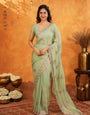 Mint Green Fendy Satin Embroidered Saree with Elegant Floral Work & Tassels | Soft Pastel Designer Saree with Heavy Embroidered Blouse