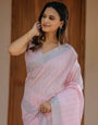 Soft Peach Pink Handloom Mul Cotton Saree with Subtle Striped Weaving & Tassel Detailing