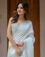 Pure White & Olive Green Handloom Mul Cotton Saree with Minimal Striped Border & Tassel Detailing
