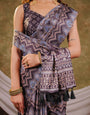 Slate Blue Pure Chinnon Ajrakh Printed Saree with Tassel Edges, Traditional Ethnic Print & Matching Blouse Piece