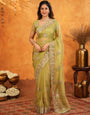 Olive Green Fendy Satin Embroidered Saree with Multicolor Floral Border & Tassels | Premium Designer Saree with Heavy Embroidered Blouse