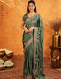 Bottle Green Fendy Satin Embroidered Saree with Intricate Floral Border & Tassels | Designer Saree with Heavy Embroidered Blouse