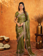 Olive Green Fendy Satin Embroidered Saree with Intricate Floral Border & Tassels | Designer Saree with Heavy Embroidered Blouse