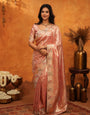 Elegant Rose Gold Banarasi Silk Saree with Floral Embroidered Border & Zari Weaving | Designer Wedding & Festive Wear Saree