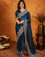 Royal Navy Blue Fendy Satin Embroidered Saree with Heavy Floral Border & Tassels | Designer Saree with Rich Embroidered Blouse