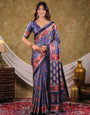 Steel Blue Pure Chinnon Ajrakh Printed Saree with Tassel Edges, Traditional Ethnic Print & Matching Blouse Piece