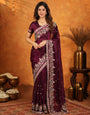 Deep Wine Purple Fendy Satin Embroidered Saree with Heavy Floral Border & Tassels | Designer Saree with Rich Embroidered Blouse