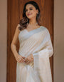 Ivory Cream Pure Handloom Mul Cotton Saree with Golden Striped Weaving & Tassel Detailing