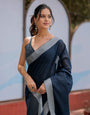 Elegant Midnight Navy Blue Pure Handloom Mul Cotton Saree with Silver Border & Tassel Detailing