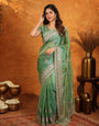 Elegant Mehendi Green Fendy Satin Embroidered Saree with Heavy Floral Border & Designer Pallu | Festive Wear Saree with Embroidered Blouse
