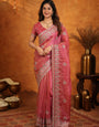 Dusty Rose Pink Fendy Satin Embroidered Saree with Heavy Floral Border & Designer Pallu | Elegant Festive Wear Saree with Embroidered Blouse