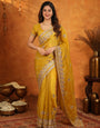 Mustard Yellow Fendy Satin Embroidered Saree with Heavy Floral Border & Designer Pallu | Festive Wedding Wear Saree with Embroidered Blouse