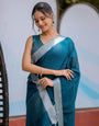Elegant Teal Blue Pure Handloom Mul Cotton Saree with Silver Border & Tassel Detailing