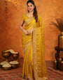 Mustard Yellow Fendy Satin Embroidered Saree with Geometric Border & Rich Designer Pallu | Festive Wedding Wear Saree with Blouse