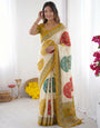 Ivory White & Mustard Yellow Pure Modal Silk Saree with Multicolor Mandala Print & Heritage Designer Pallu
