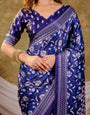 Indigo Blue Pure Chinnon Ajrakh Printed Saree with Tassel Edges, Traditional Floral Print & Matching Blouse Piece