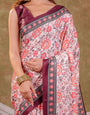 Ivory White Pure Chinnon Floral Printed Saree with Burgundy Border, Designer Pallu, Tassel Edges & Matching Blouse Piece