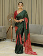 Women’s Forest Green Pure Modal Silk Saree with Rustic Red Folk Art Print & Traditional Designer Pallu