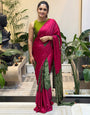 Women’s Rani Pink Pure Modal Silk Saree with Olive Green Folk Art Print & Traditional Tribal Designer Pallu