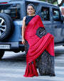 Women’s Ruby Red Pure Modal Silk Saree with Black Folk Art Border & Traditional Tribal Print Designer Pallu