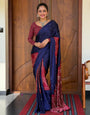 Women’s Royal Navy Blue Pure Modal Silk Saree with Wine Red Folk Art Print & Heritage Designer Pallu