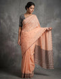 Peach Mul Cotton Saree with Aari Foil Mirror Work, Embroidered Arco Border & Contrast Printed Pallu with Blouse Piece