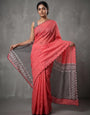 Coral Pink Mul Cotton Saree with Aari Foil Mirror Work, Embroidered Arco Border & Contrast Printed Pallu with Blouse Piece