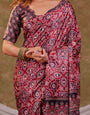 Wine Maroon Pure Chinnon Batik Printed Saree with Foil Detailing, Designer Border, Tassel Edges & Matching Blouse Piece