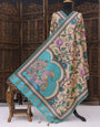 Beige & Teal Malai Silk Dupatta with Lotus Vine Print, Peacock Motif Panel & Geometric Contrast Border with Tassels