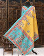 Mustard Yellow & Aqua Malai Silk Dupatta with Traditional Peacock Motifs – Ethnic Printed Dupatta with Tassels