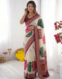 Ajrakh Chinnon Printed Saree with Tassel Detailing & Attached Blouse (No Mirror Work)