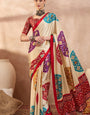 Cream Modal Silk Saree with Multicolor Patola-Inspired Print & Ruby Red Border | Designer Festive Wear Saree