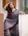 Black Ajrakh Printed Modal Silk Saree with Tassels & Attached Blouse | Traditional Ethnic & Festive Wear Saree
