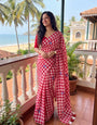 Red & White Checkered Mul Cotton Saree with Multicolour Floral Motifs, Tassels & Blouse Piece