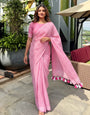 Baby Pink & White Checkered Mul Cotton Saree with Tassels & Blouse Piece