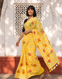 Yellow & White Checkered Mul Cotton Saree with Floral Motifs, Tassels & Blouse Piece