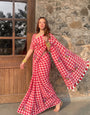 Red & White Checkered Mul Cotton Saree with Floral Motifs, Tassels & Blouse Piece