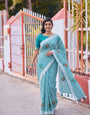 Aqua Blue & White Checkered Mul Cotton Saree with Floral Motifs, Tassels & Blouse Piece
