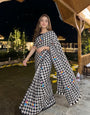 Black & White Checkered Mul Cotton Saree with Multicolour Floral Motifs, Tassels & Blouse Piece