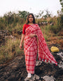 Red & White Madras Checkered Mul Cotton Saree with Tassels & Blouse Piece