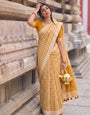Mustard Yellow & White Checkered Mul Cotton Saree with Striped Border, Tassels & Blouse Piece