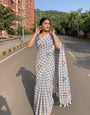 Grey & White Checkered Mul Cotton Saree with Multicolour Floral Motifs, Tassels & Blouse Piece